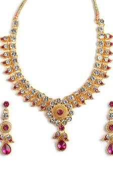 Elegant Kalamkari Style Ad Pink Stones Studded Necklace  Set Bollywood style For Women & Girls