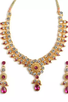 Elegant Kalamkari Style Ad Pink Stones Studded Necklace  Set Bollywood style For Women & Girls
