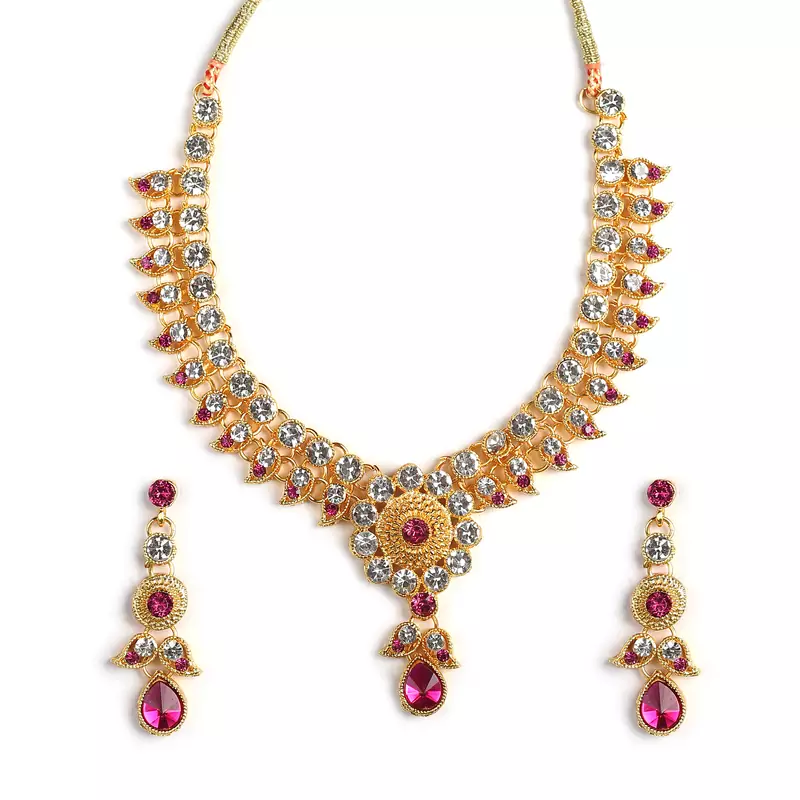 Elegant Kalamkari Style Ad Pink Stones Studded Necklace  Set Bollywood style For Women & Girls