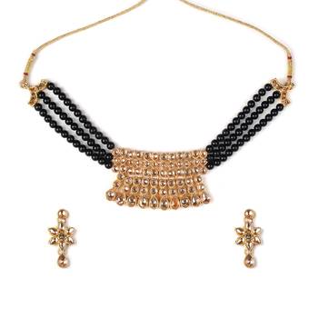 Crystal Shine Multistrand Black Beads Ethnic Kundan Necklace  & Earring Set For Women 1