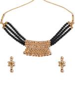 Crystal Shine Multistrand Black Beads Ethnic Kundan Necklace  & Earring Set For Women