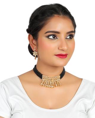 Crystal Shine Multistrand Black Beads Ethnic Kundan Necklace  & Earring Set For Women 2
