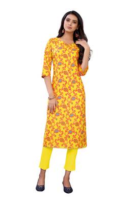 Yellow printed cotton ethnic-kurtis 1