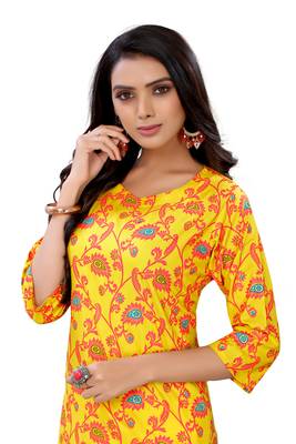 Yellow printed cotton ethnic-kurtis 3