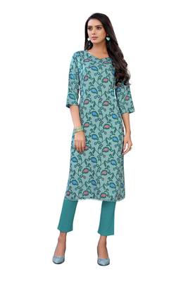 Teal printed cotton ethnic-kurtis 1