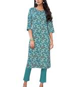 Teal printed cotton ethnic-kurtis