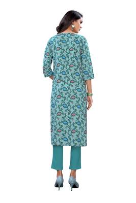 Teal printed cotton ethnic-kurtis 2