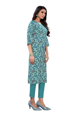 Teal printed cotton ethnic-kurtis 4