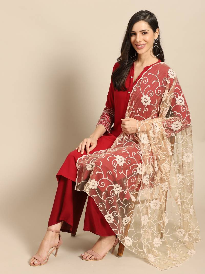 Saadgi Women Light Beige Net Aari Embroidery Dupatta