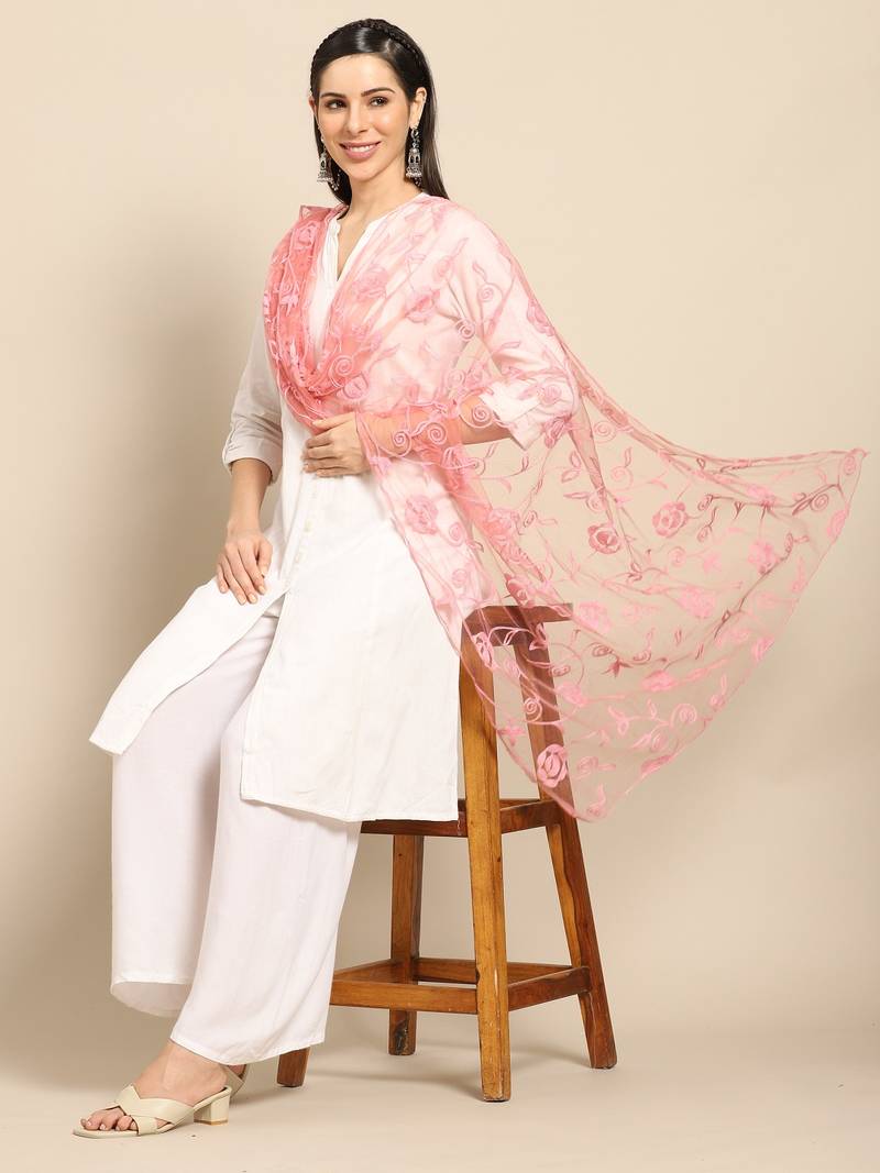 Saadgi Women Rose Net Aari Embroidery Dupatta