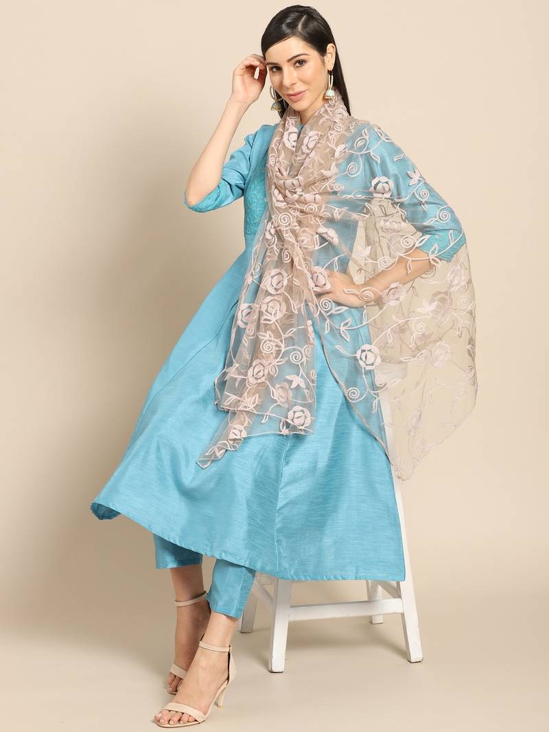 Saadgi Women Cinnamon Net Aari Embroidery Dupatta