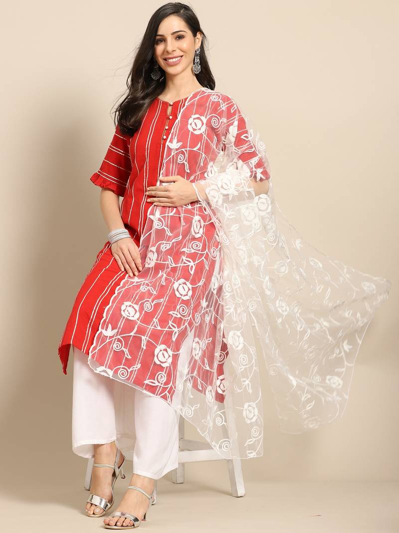 Saadgi Women White Net Aari Embroidery Dupatta
