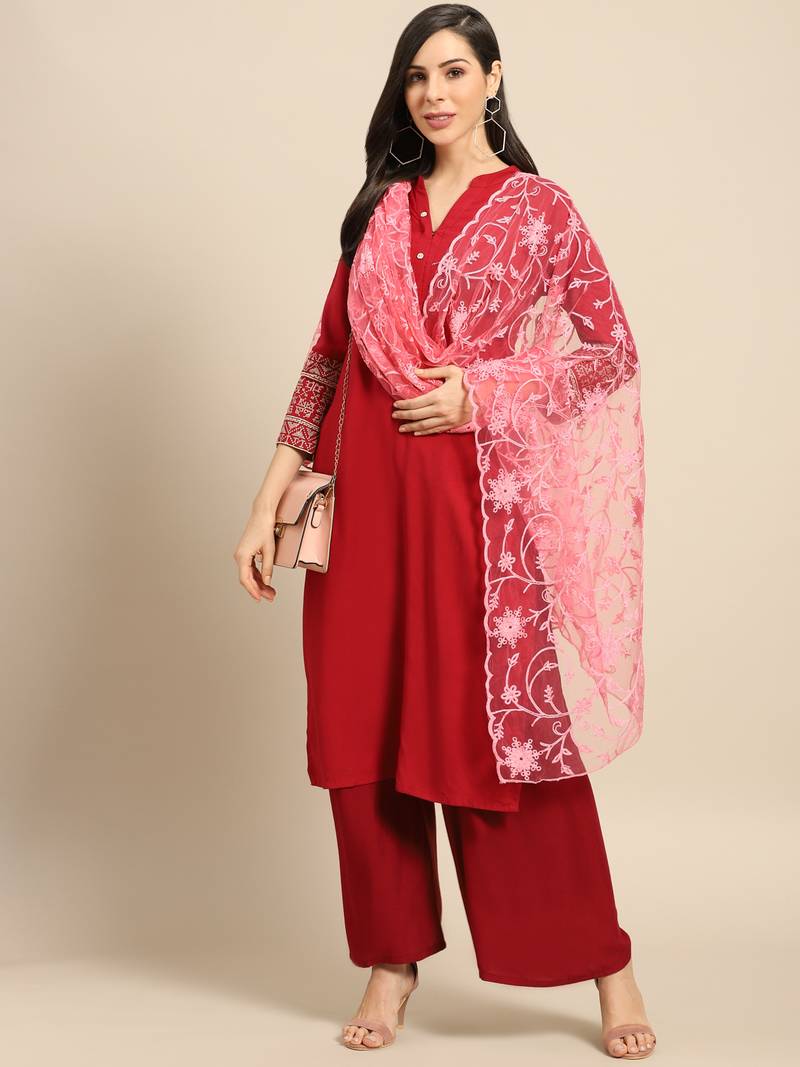 Saadgi Women Rose Net Aari Embroidery Dupatta