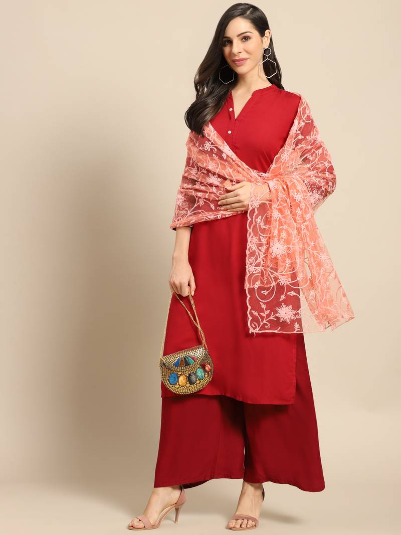 Saadgi Women Peach Net Aari Embroidery Dupatta