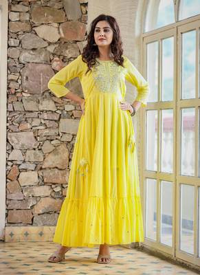 KAAJH Yellow Embellished Cotton Anarkali Kurta 1