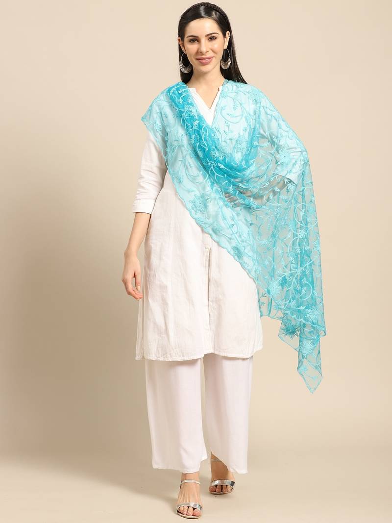 Saadgi Women Mint Green Net Aari Embroidery Dupatta