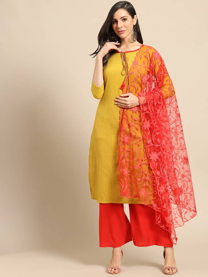 Saadgi Women Red Net Aari Embroidery Dupatta