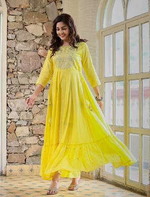 KAAJH Yellow Embellished Cotton Anarkali Kurta 3