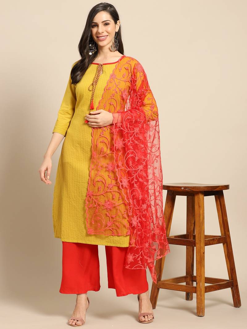 Saadgi Women Red Net Aari Embroidery Dupatta