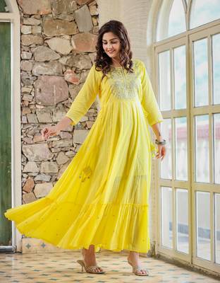 KAAJH Yellow Embellished Cotton Anarkali Kurta 4