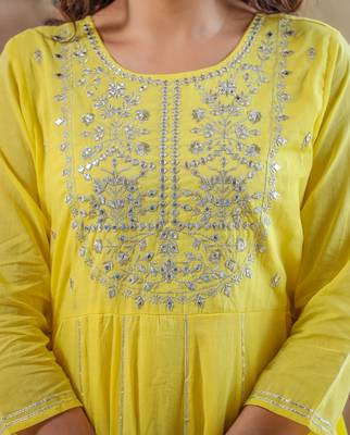 KAAJH Yellow Embellished Cotton Anarkali Kurta 5
