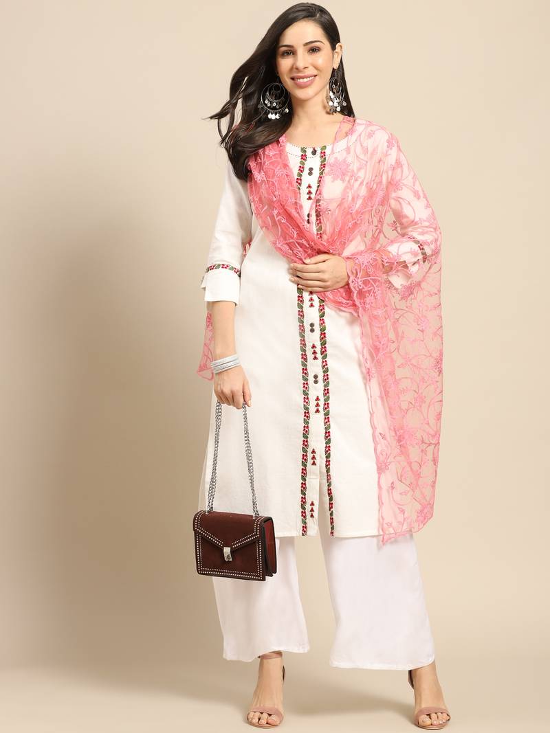 Saadgi Women Rose Net Aari Embroidery Dupatta