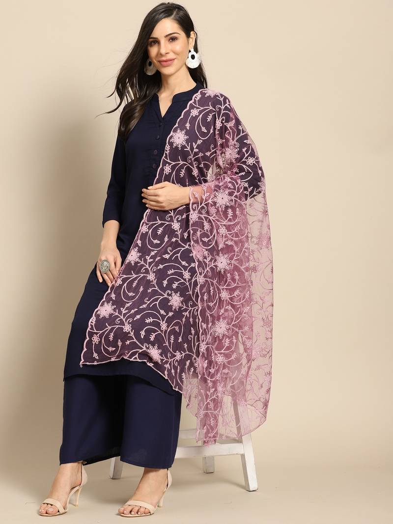 Saadgi Women Light Burgundy Net Aari Embroidery Dupatta