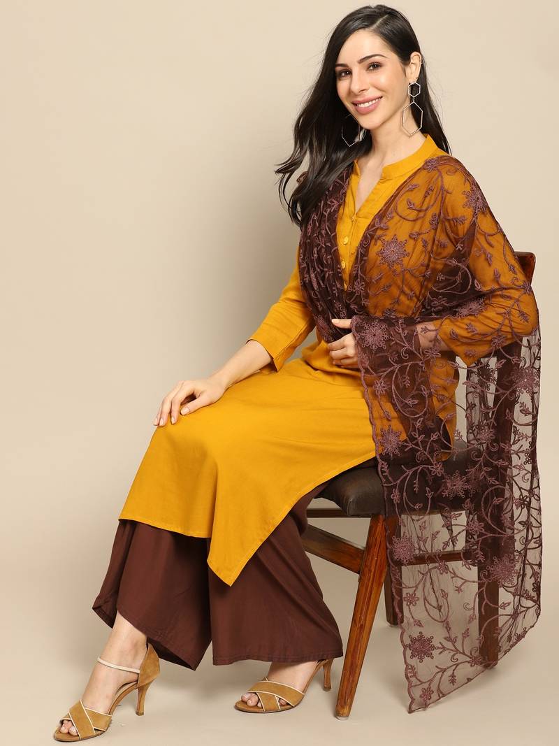 Saadgi Women Brown Net Aari Embroidery Dupatta