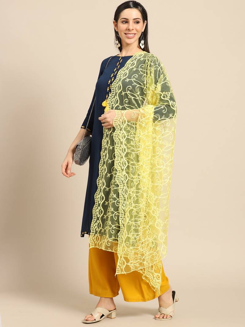 Saadgi Women Lemon Yellow Net Aari Embroidery Dupatta
