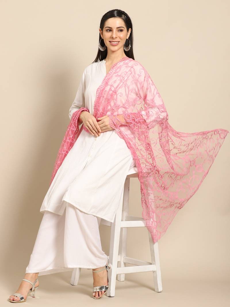 Saadgi Women Rose Net Aari Embroidery Dupatta