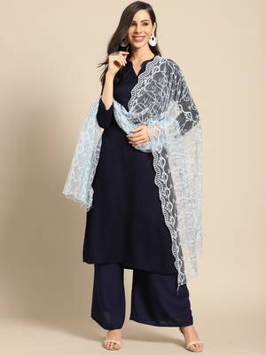 Saadgi Women Ice Blue Net Aari Embroidery Dupatta 1