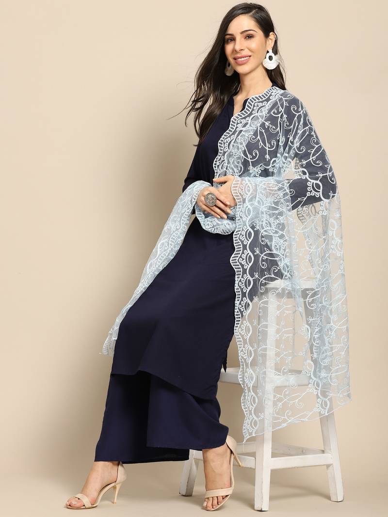 Saadgi Women Ice Blue Net Aari Embroidery Dupatta