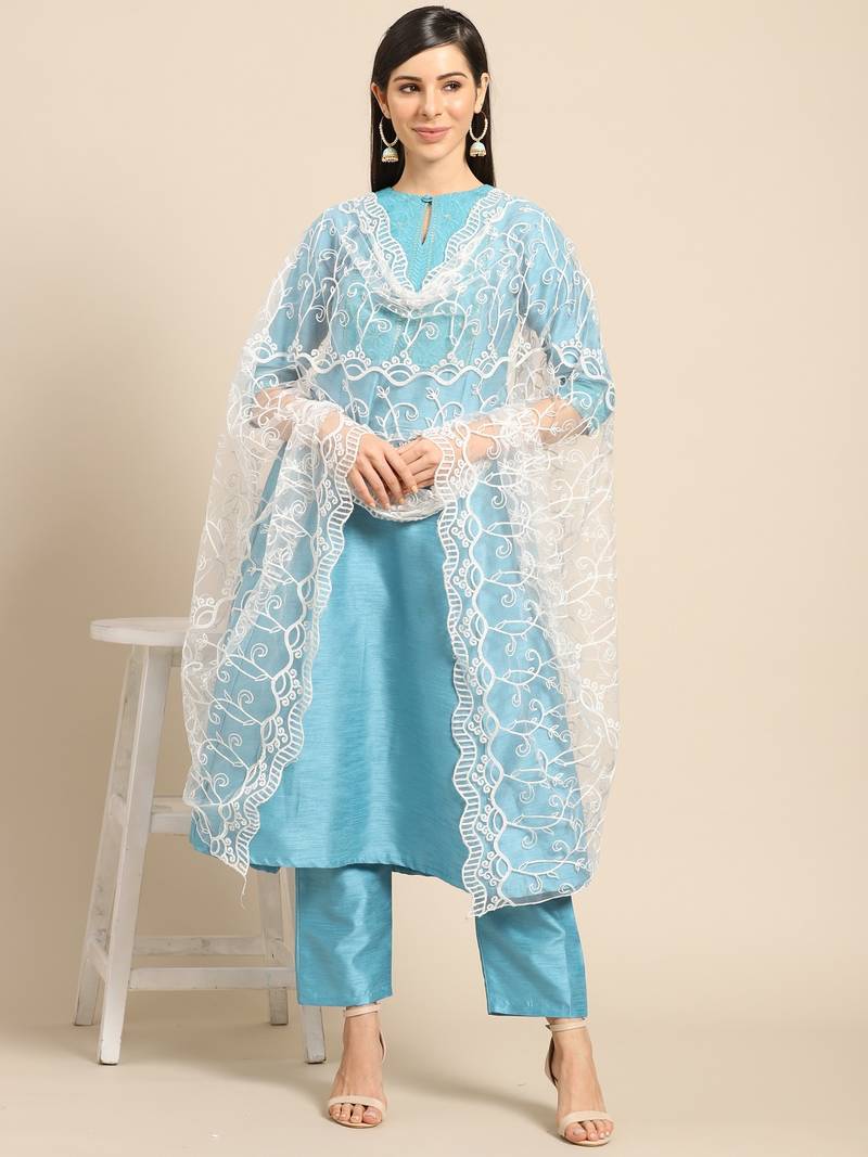 Saadgi Women Light Grey Net Aari Embroidery Dupatta