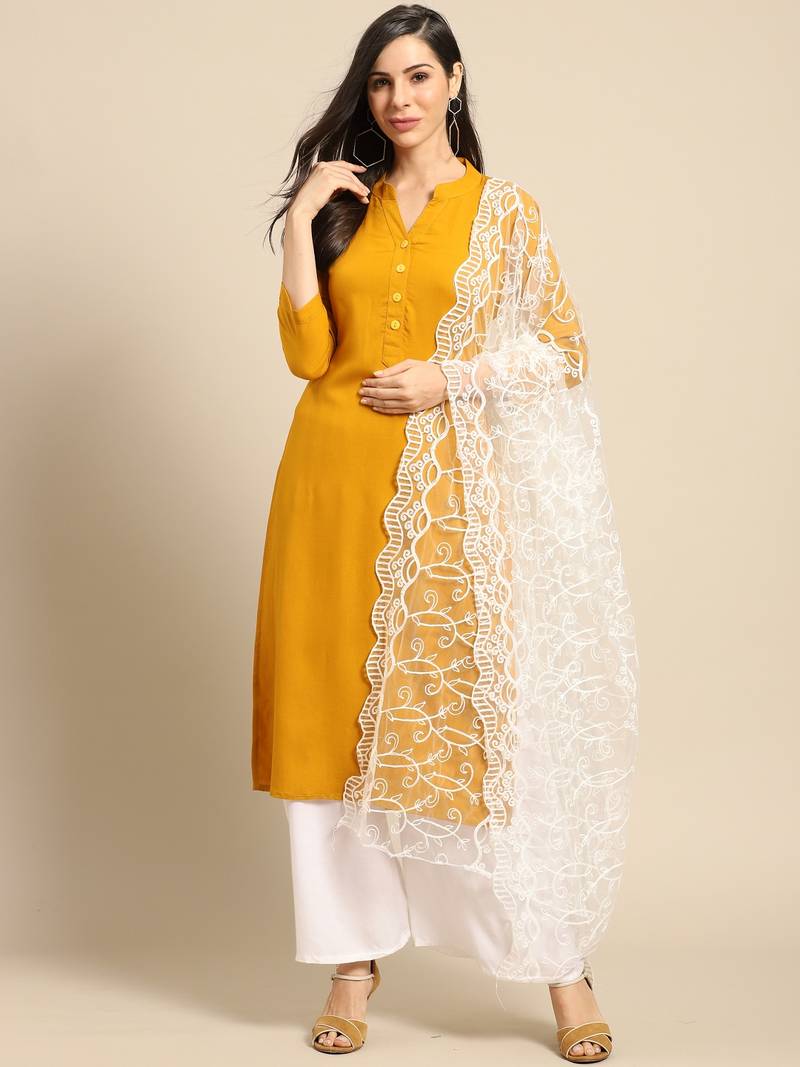 Saadgi Women White Net Aari Embroidery Dupatta