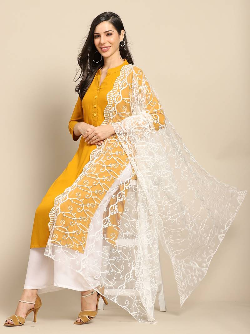 Saadgi Women White Net Aari Embroidery Dupatta