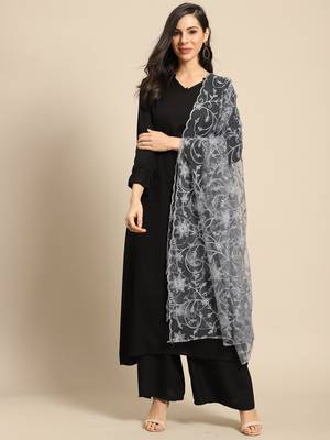 Saadgi Women Grey Net Aari Embroidery Dupatta 1