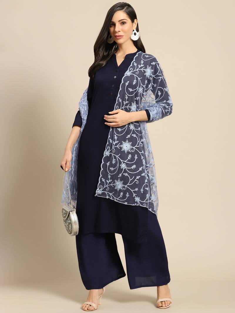 Saadgi Women Ice Blue Net Aari Embroidery Dupatta