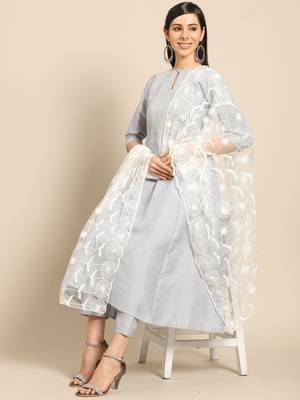 Saadgi Women White Net Aari Embroidery Dupatta 2