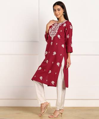 Maroon embroidered cotton cotton-kurtis 3