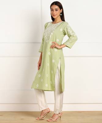 Green embroidered cotton cotton-kurtis 3