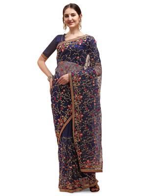 Navy blue embroidered net saree with blouse 1