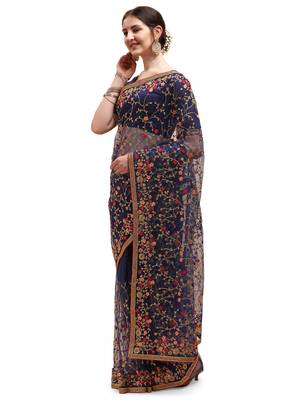 Navy blue embroidered net saree with blouse 2