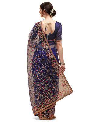 Navy blue embroidered net saree with blouse 3