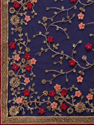 Navy blue embroidered net saree with blouse 4