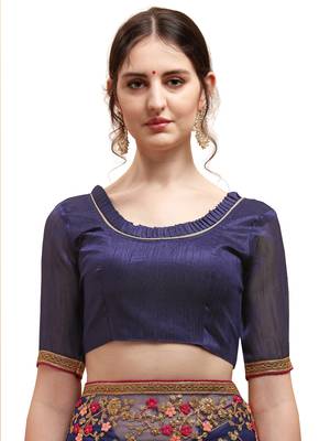 Navy blue embroidered net saree with blouse 5