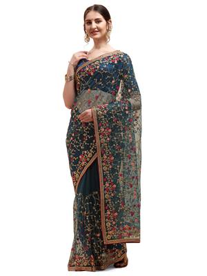 Blue embroidered net saree with blouse 1