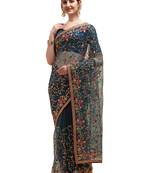 Blue embroidered net saree with blouse