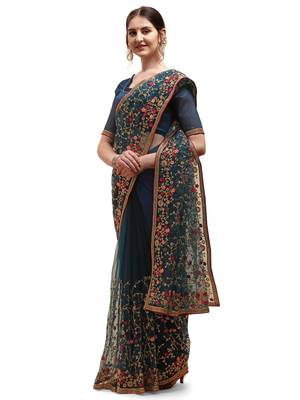 Blue embroidered net saree with blouse 2