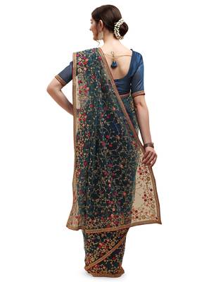 Blue embroidered net saree with blouse 3