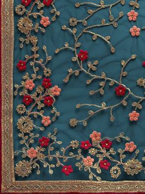 Blue embroidered net saree with blouse 4